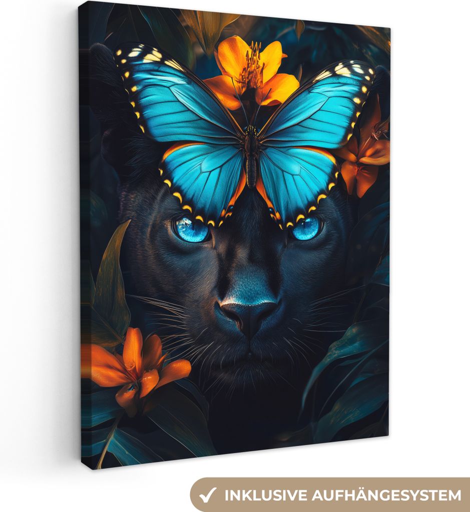 Leinwandbilder 30x40 cm - Tiere, Blumen - Panther - Schmetterling, Bilder Wohnzimmer Modern, Wanddeko