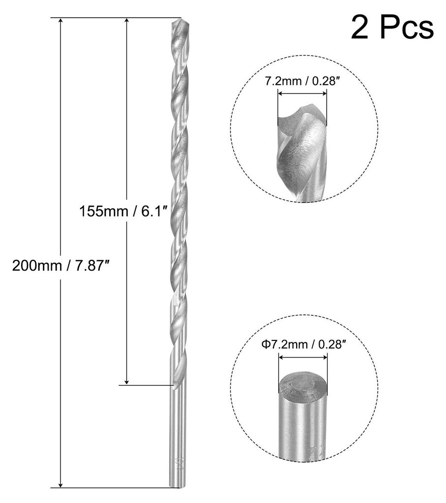 2 Stk. HSS Spiralbohrer(Schnellarbeitsstahl) Extra Lang Spiralbohrer, 7,2mm Bohrerdurchmesser 200mm L?nge