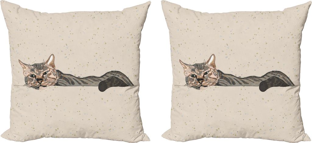 ABAKUHAUS Katze Kissenbezug Set (2Stück), Skizze Grunge Design Schläfriges Tier Freundlicher Art Cartoon Stil Grafik Muster, 45 x 45 cm, Beige Grau