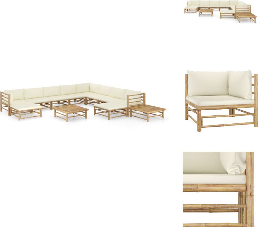vidaXL 12-tlg. Garten-Lounge-Set mit Cremeweißen Kissen Bambus - Gartenmöbel-Sets