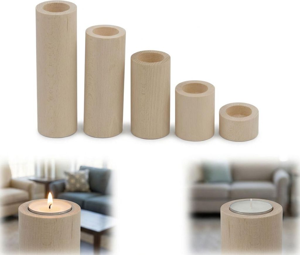 Teelichthalter aus Holz, rund, unlackiert, 5er Set, Höhe Produktbild 
