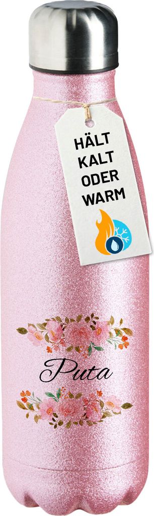 Huuraa Trinkflasche Puta spanisch Blumen 500ml Pink Edelstahl Wasserflasche Trinkflasche Geschenkidee