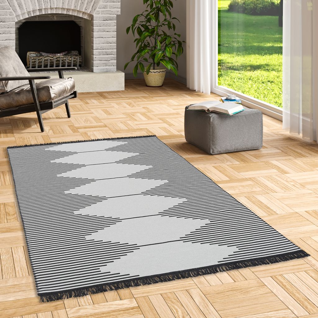 Designer Teppich Beidseitig Ethno Kelim Schwarz Grau Trend, Größe:160x230 cm