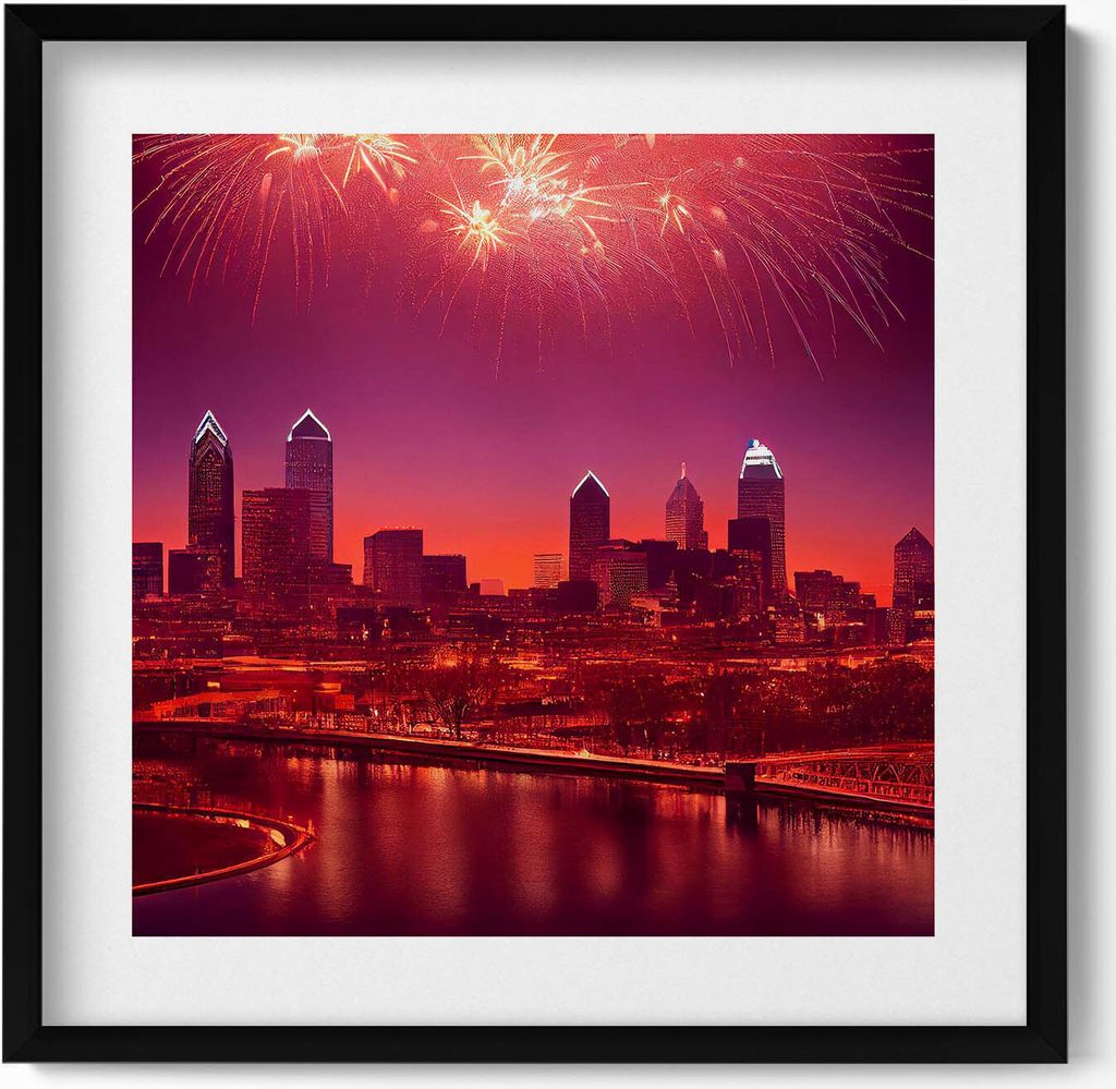 Stadt bei Nacht Feuerwerk in Philadelphia– Wandbild mit Rahmen – Gerahmtes Bild – Wanddekoration – 50x50 cm – Schwarz Rahmen