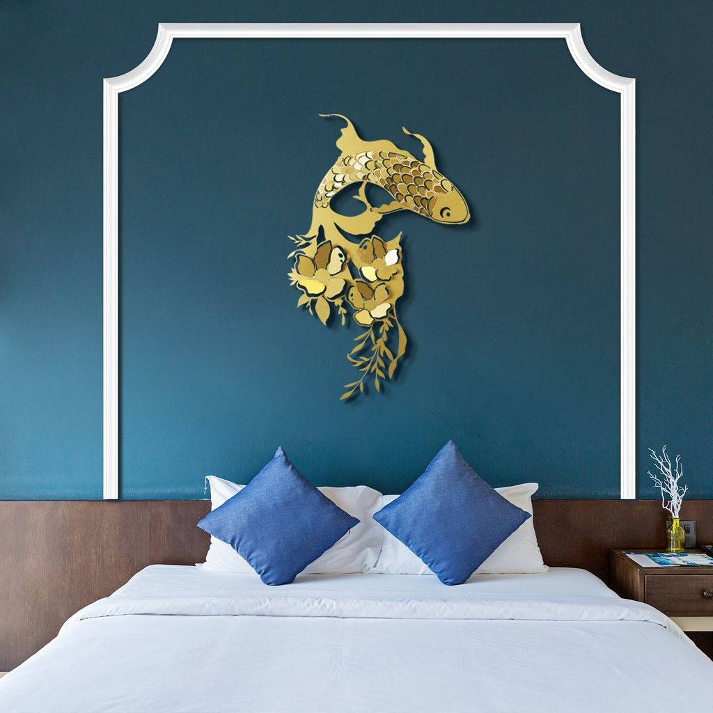 Wallity, Carpa Koi- APT748 M - Gold, Dekoratives Wandaccessoire aus Metall, 100 % STAHL, Gold, 44 x 67 cm