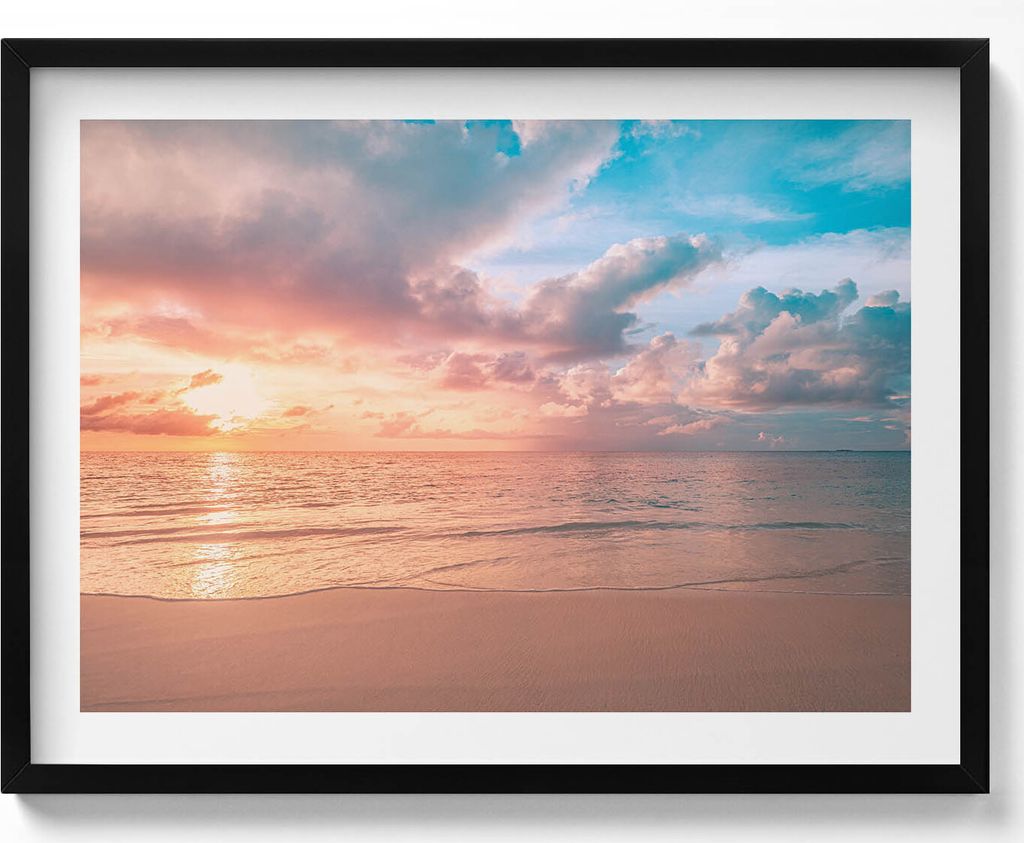 Romantischer Sonnenuntergang am Meer– Wandbild mit Rahmen – Gerahmtes Bild – Wanddekoration – 80x60 cm – Schwarz Rahmen