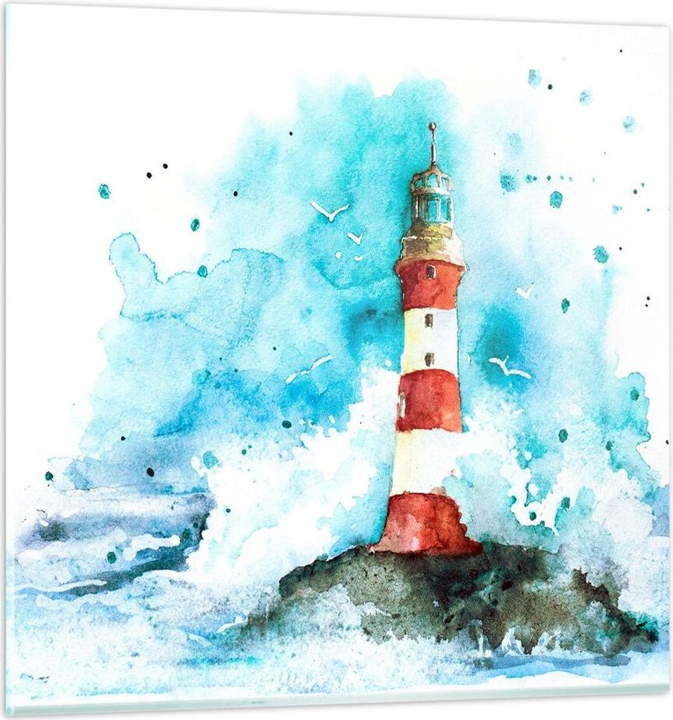 Bilder auf glas - Leuchtturm Wasser Illustration Welle - 60x60cm - Glasbilder - Wandbilder - Kunstdruck - Wanddekoration aus Glas - Glas Bilder - W...
