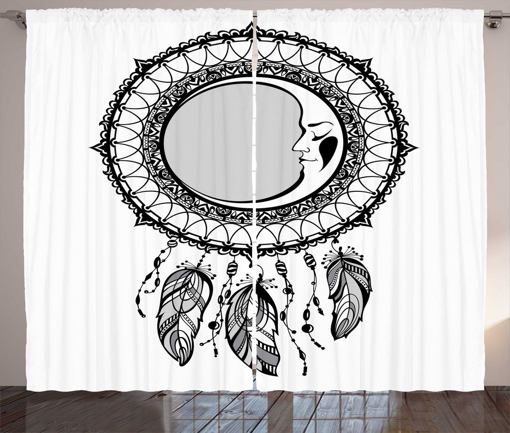 ABAKUHAUS Magic Moon Rustikaler Gardine, Crescent Traumfänger, Schlafzimmer Kräuselband Vorhang mit Schlaufen und Haken, 280 x 225 cm, grau Taupe