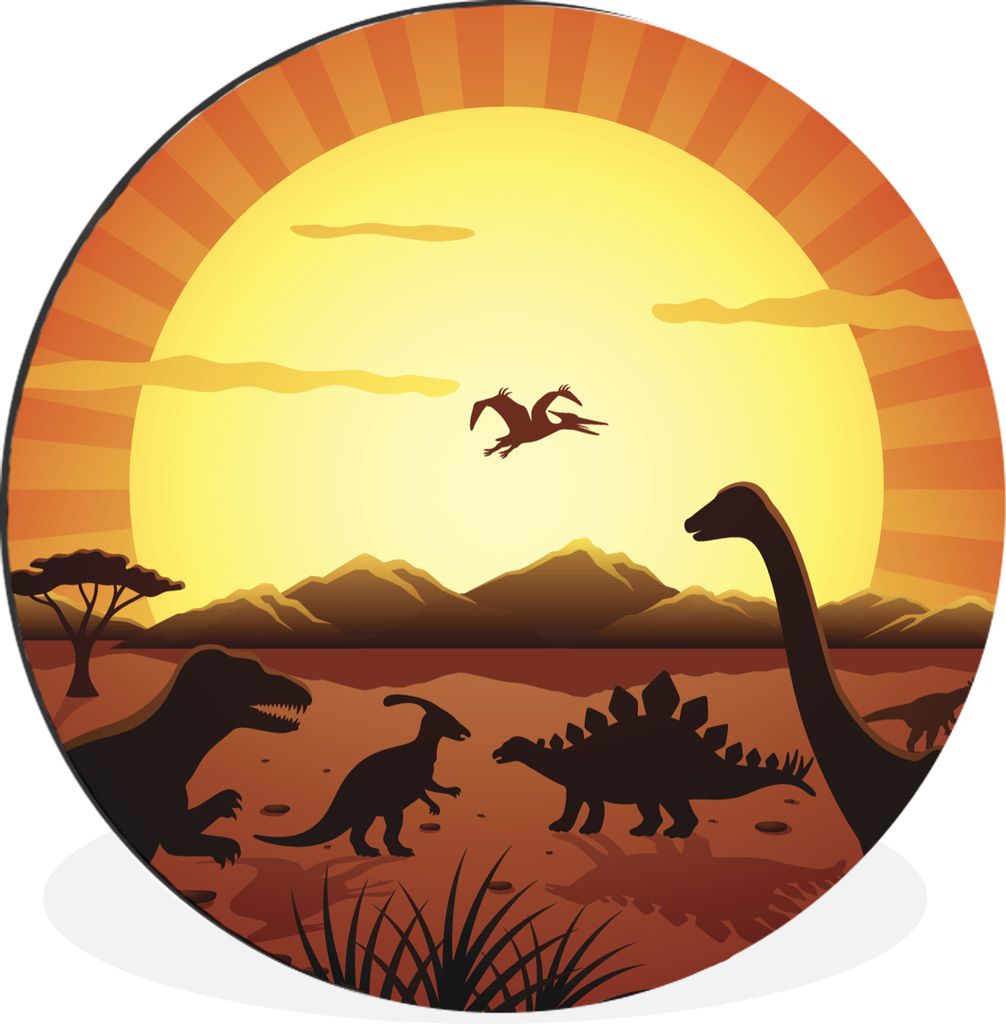 MuchoWow Aluminium Wandkreis Dino - Sonne - Natur - Zeichnung - Kinder - Jungen Ø 30 cm Wanddeko Modern Wohnzimmer - Wand Bild - Wohnzimmer - Ru...