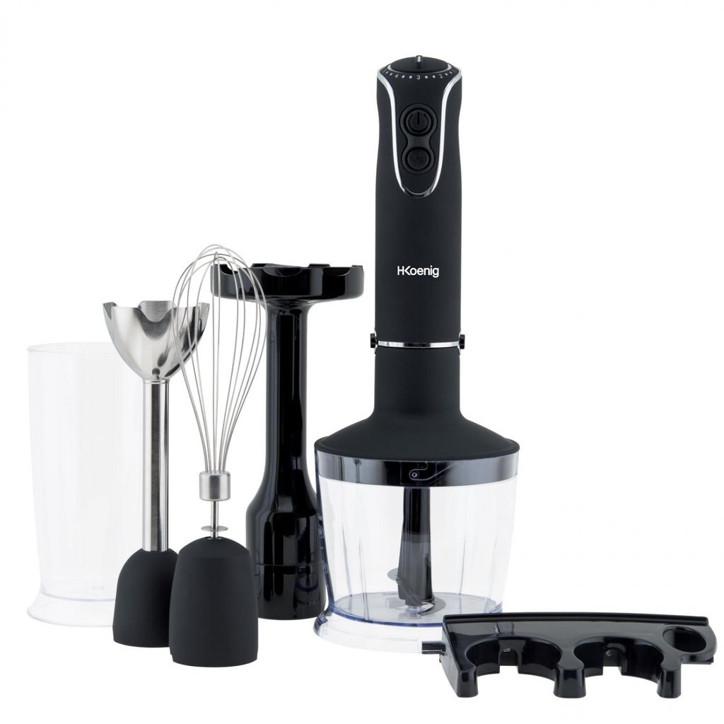 A set of kitchen appliances including a hand blender, whisk attachment, chopper attachment, and a measuring cup, arranged on a white background.