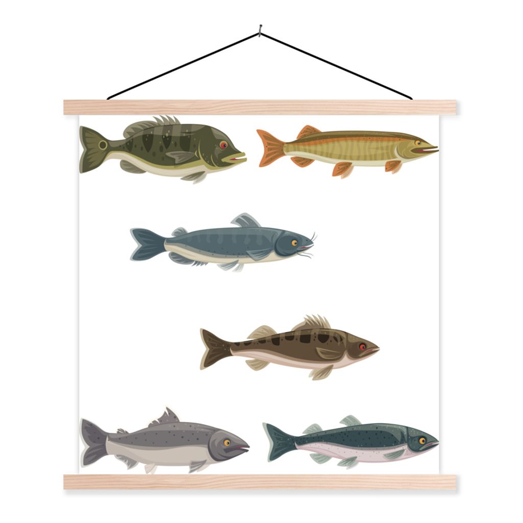 MuchoWow Textilposter Eine Illustration von sechs farbigen Fischen 60x60 cm mit holzfarbenen Rahmen - Wanddekoration