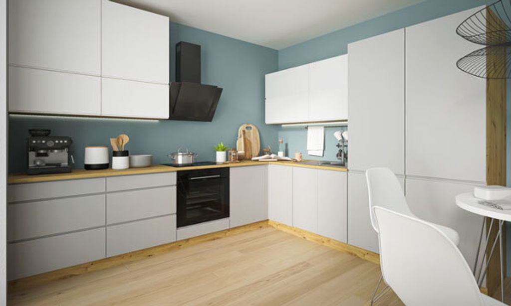 L-Form Küchenzeile "Avellino AV" mit Arbeitsplatte 290x305cm Vollauszug eiche artisan - Fronten Acryl weiß grau