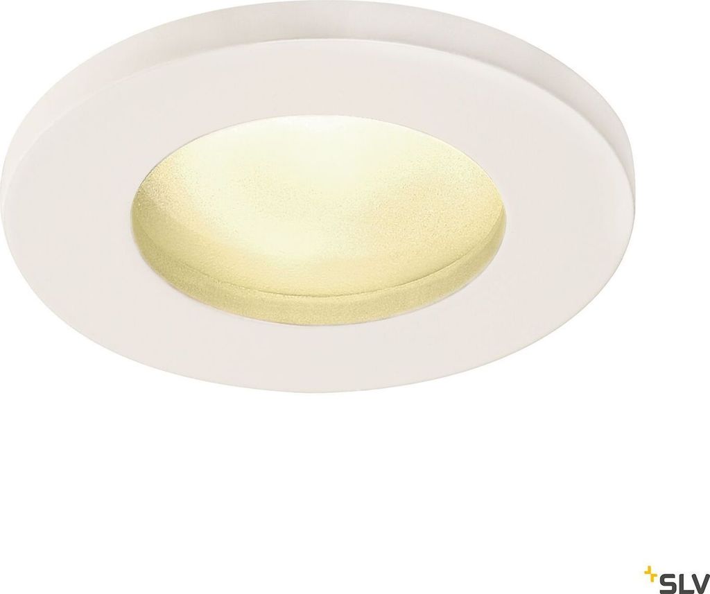 A white recessed light fixture with a warm yellow light emanating from its center, set against a white background.