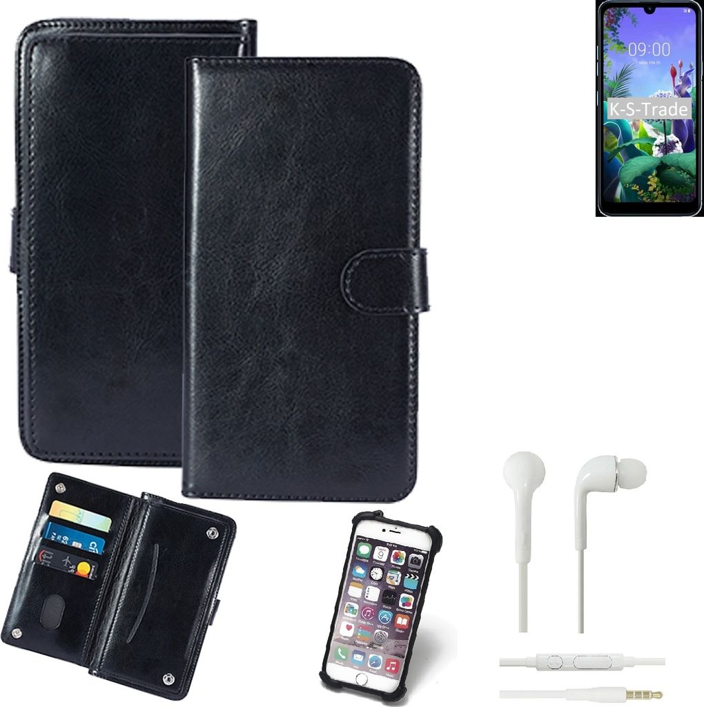 K-S-Trade 360° Hülle kompatibel mit LG Electronics Q60 inkl. Headphones schwarz Kunstleder Case BookCase WalletCase Kunstlederederhülle