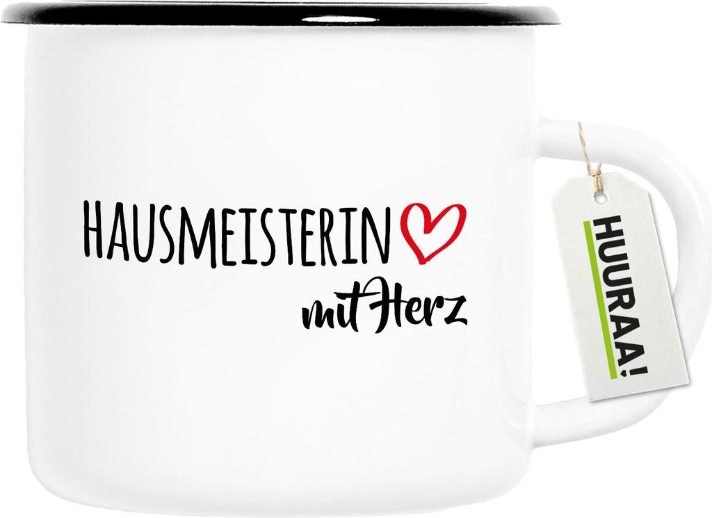 Huuraa Emaille Tasse Hausmeisterin mit Herz 300ml Vintage Campingbecher Geschenkidee