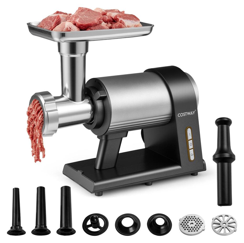 A meat grinder with various attachments, set against a white background.
