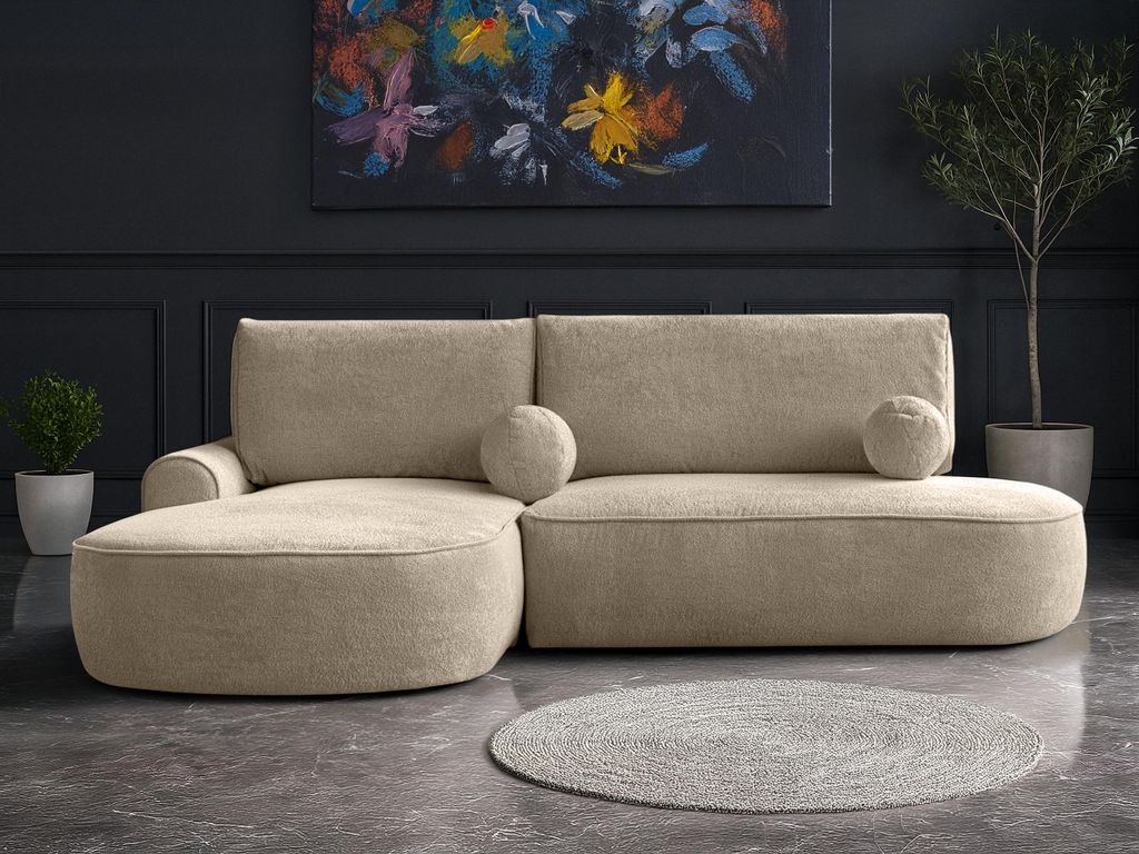 Modernes Ecksofa L mit Schlaffunktion und Bettkasten – Stoff Prime Bouclé Beige, Ottomane links