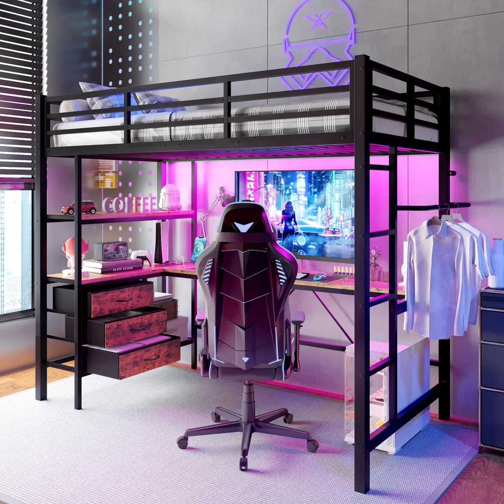 Lit Mezzanine Gain de Place 90x200 Noir avec Coin Bureau et LED Gaming