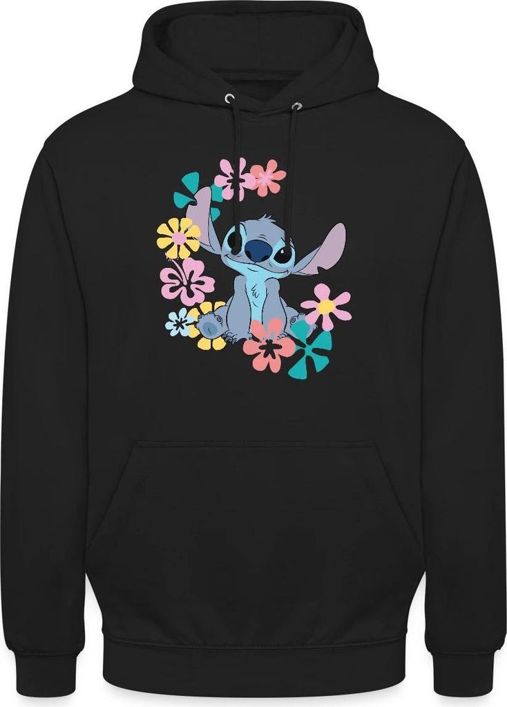 Lilo & Stitch | Stitch Mit Hawaiianischen Blumen Uni Hoodie, L, Schwarz