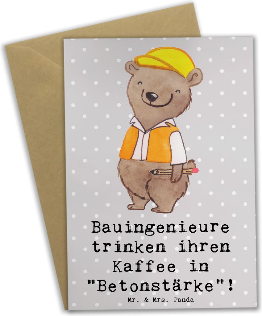 Mr. & Mrs. Panda Grußkarte Bauingenieur Kaffee - Grau Pastell - Geschenk, handgefertigte Geschenke, Konstruktion, Betonstärke, einladungskarten, ...