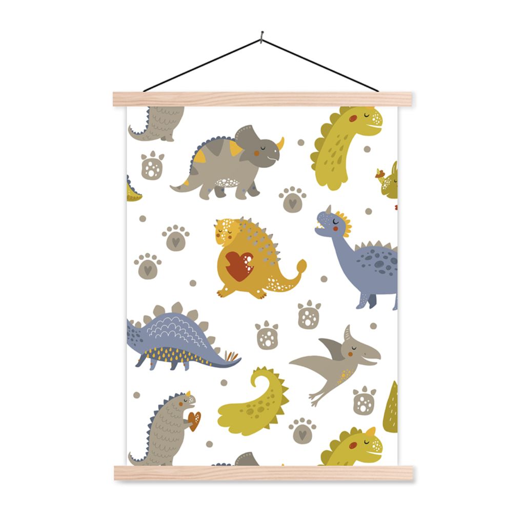 MuchoWow Textilposter Dinosaurier - Kinder - Design - Jungen - Mädchen - Kinder 120x160 cm mit holzfarbenen Rahmen - Plakatkarton