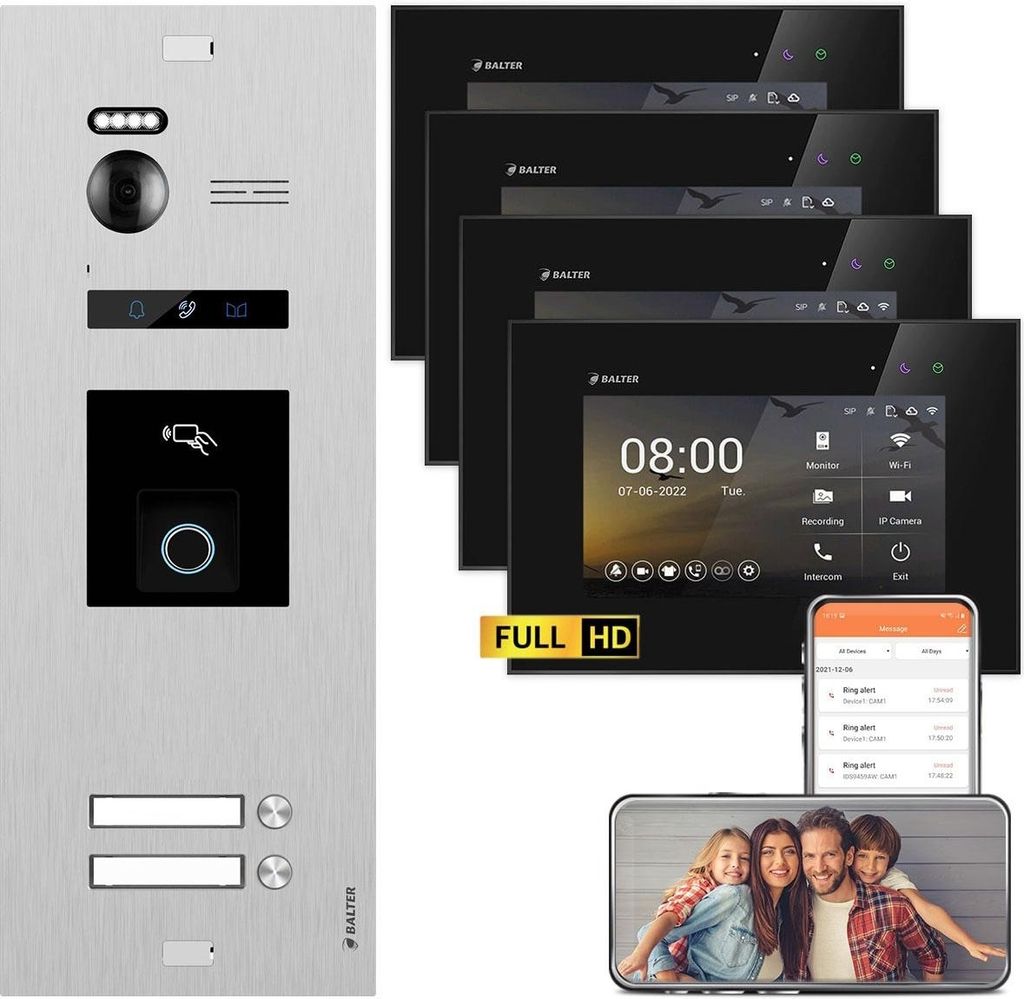 BALTER EVO HD Silber RFID/Fingerprint 2x7" WiFi + 2x7" Schwarz Video Türsprechanlage Set 2 FAM