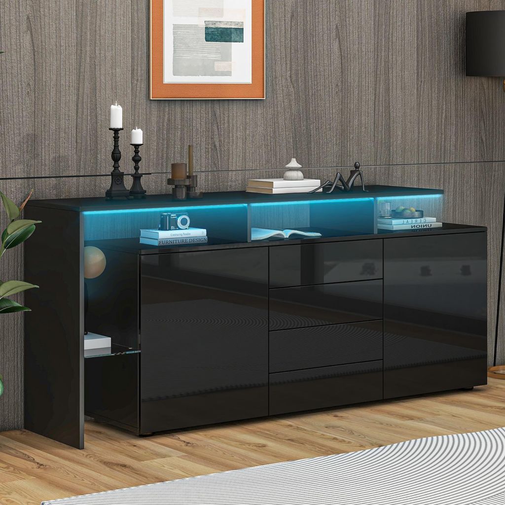 MODFU Kommode Sideboard Wohnzimmerschrank mit LED-Atmosphärenbeleuchtung,Mehrzweckschrank Wohnzimmerwand mit Hochglanz,Schwarz