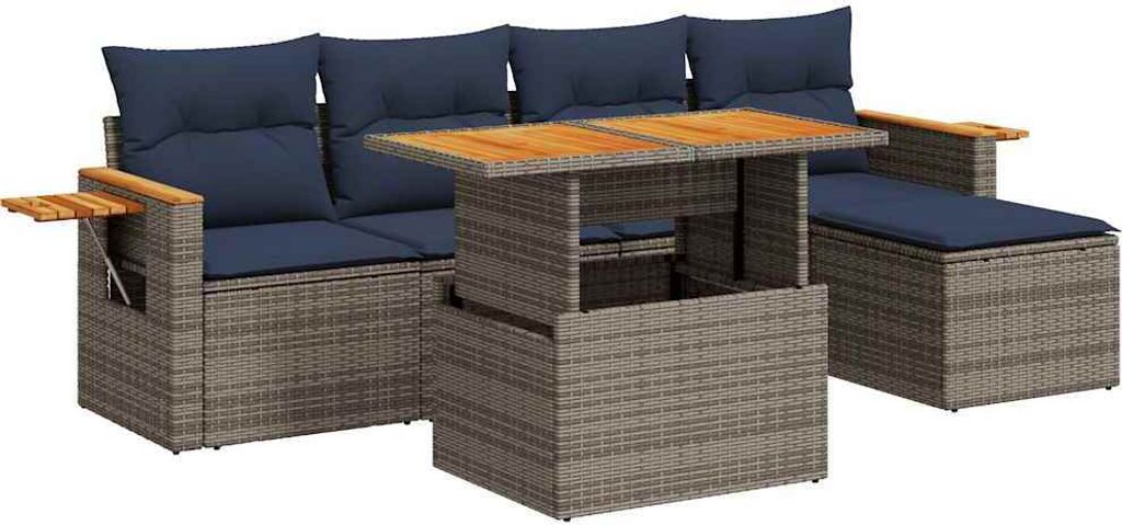vidaXL 6-tlg. Garten-Sofagarnitur mit Kissen Grau Poly Rattan Akazie