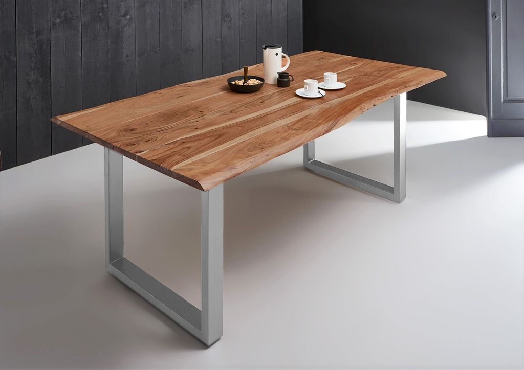 SAM Esstisch Baumkante massiv Akazie natur 200 x 100 silber MILO
