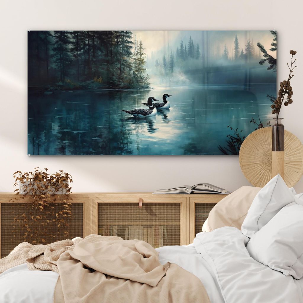 MuchoWow Glasbilder - Bilder auf Wandbild - Foto auf Glas Wald - Wasser - Enten - Neblig 120x60 cm Wanddekoration aus Glas - Acrylglasbild - Acrylb...