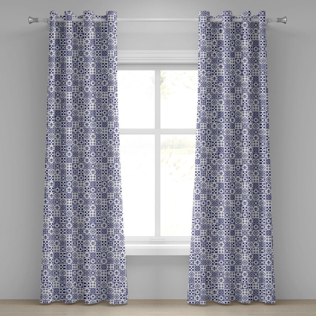 ABAKUHAUS Indigo und Weiß Ösenvorhang, Geometrisches Muster-portugiesisches Azulejo-Design-Fliesen-Quadrat-Zusammenfassungs-Muster, Dekorative 2-...