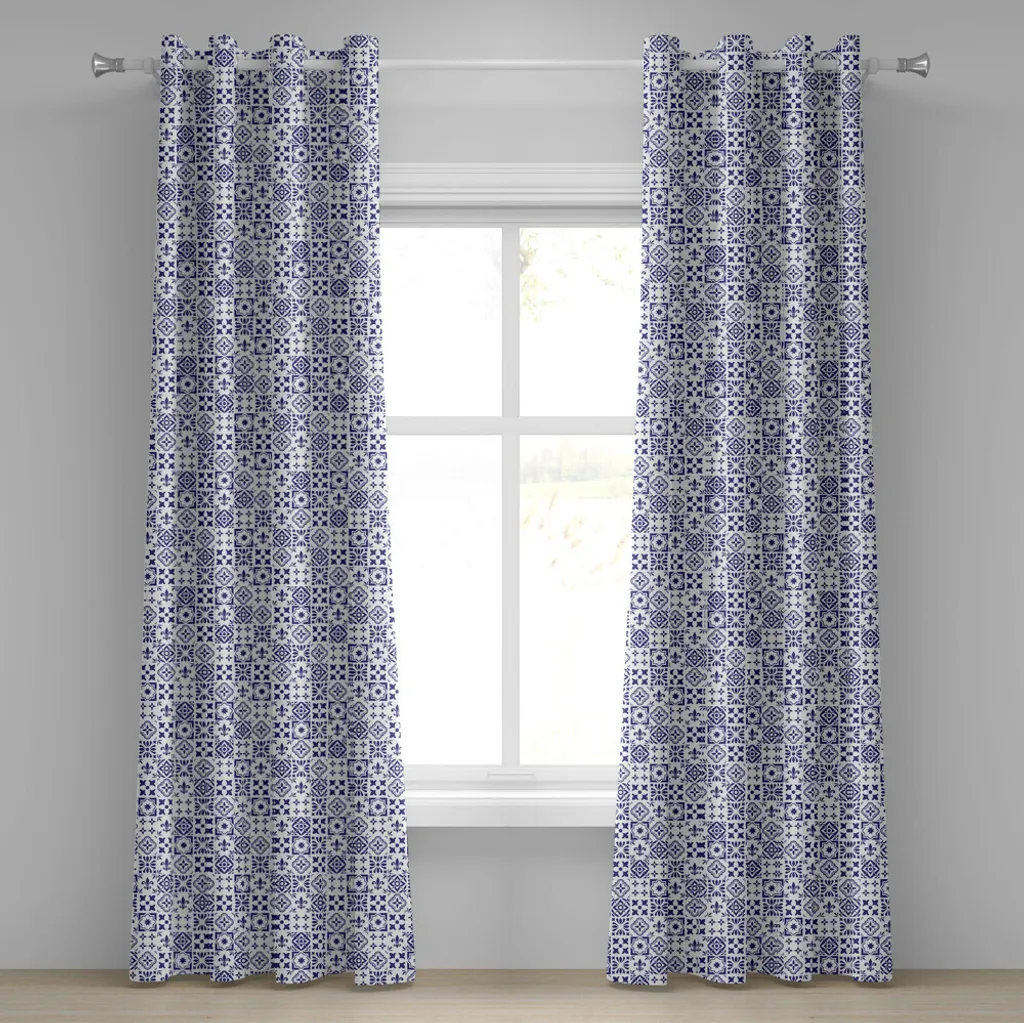 Rideaux de salon bleu indigo design azulejo pour ambiance méditerranéenne
