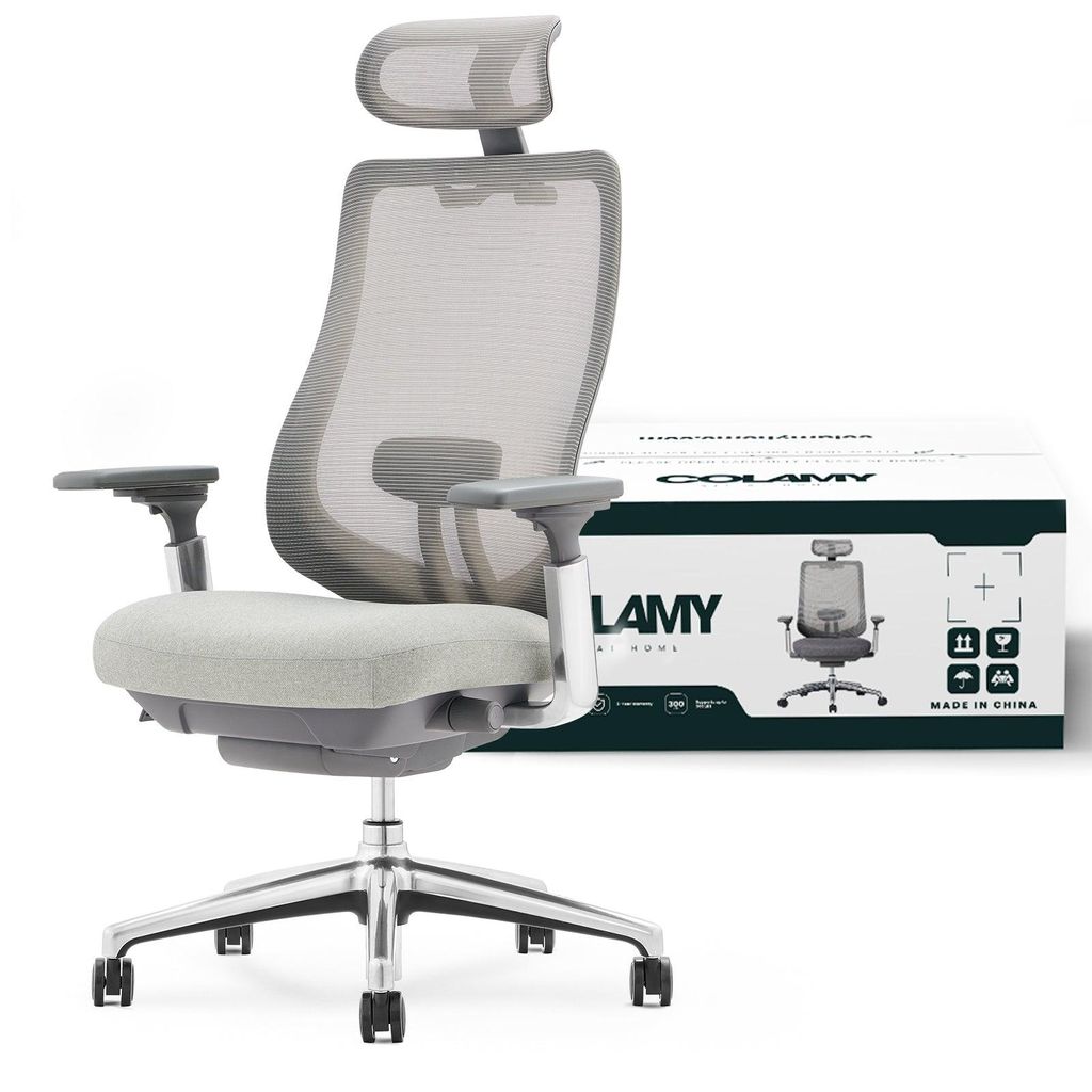 COLAMY ATLAS Ergonomischer Netz-Bürostuhl – Chefsessel mit Kopfstütze, 4D-Armlehnen, Schiebesitz und Neigungssperre, grau