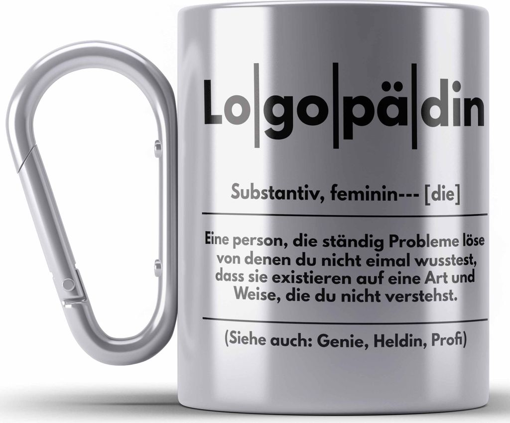 Trendation - Logopädin Definition Edelstahl Tasse Karabiner Geschenk Logopädie Logopäde (Silber)