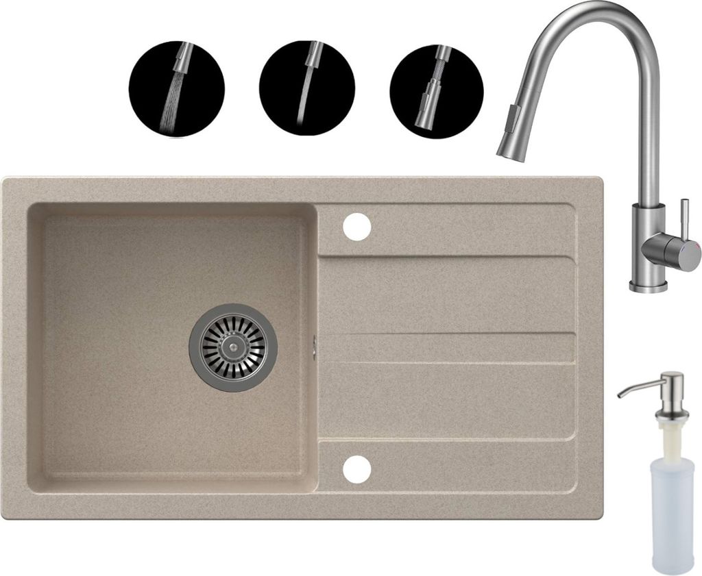 VBChome Spülbecken mit Armatur 77 x 44 cm Beige Einzelbecken Einbauspüle Abtroffläche Gesprenkelt Reversibel Granitspüle Siphon Spülmittelspen...