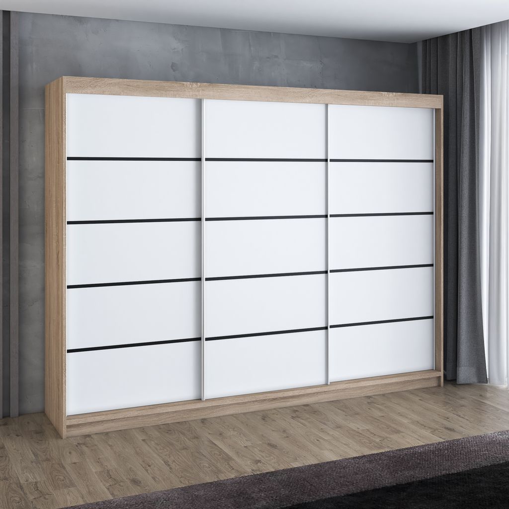 Schwebetürenschrank, 3-türig Schrank 200 cm mit 4 Schubladen, Retrostil Premium! Moderne Garderobe für Kleidung. Verschiedene Farben (Weiß, Sch...
