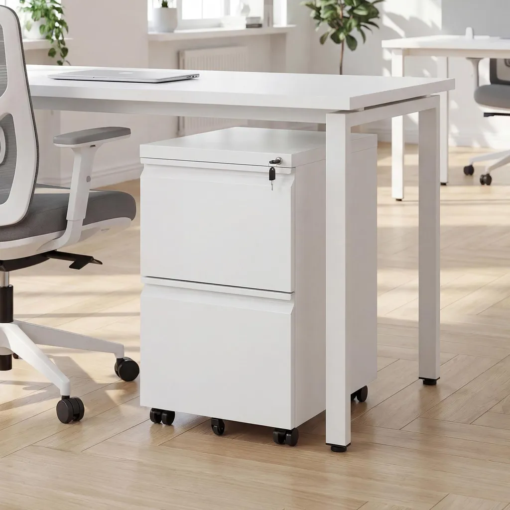 Armoire Rangement Bureau Métal Blanc - Caisson Compact à Tiroirs Mobiles - 9