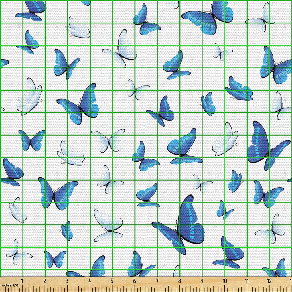 ABAKUHAUS Schmetterlinge Gewebe als Meterware, Schmetterlinge Muster saisonale Regenwald Wildnis Illustration, 5 M (148 x 500 cm), Schwarz Weiß Blau