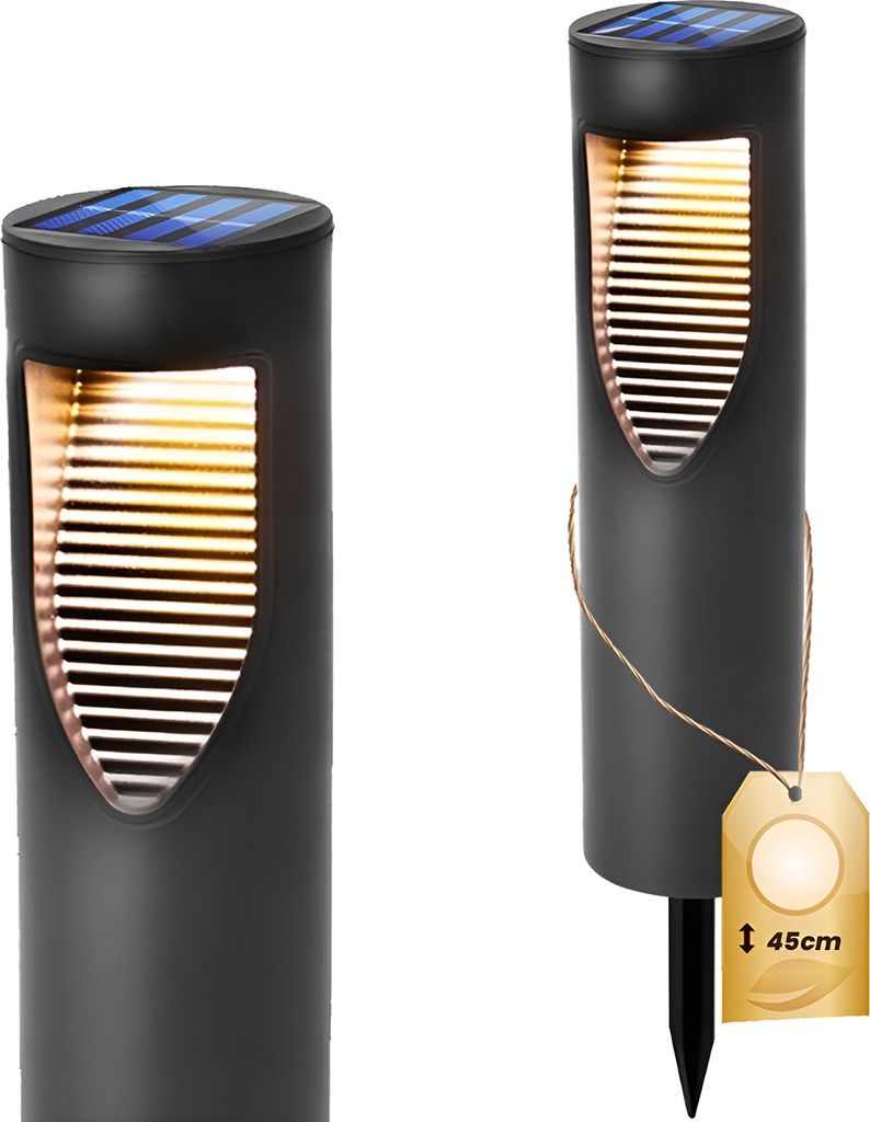 Two solar-powered garden lights are shown against a white background. One light is shown from the front, and the other is shown from the side with a tag indicating its size.