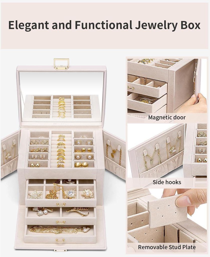 Portagioie Grande Da Donna Con 2 Cassetti - Beige, Organizer Per Collane, Anelli, Orecchini, Bracciali
