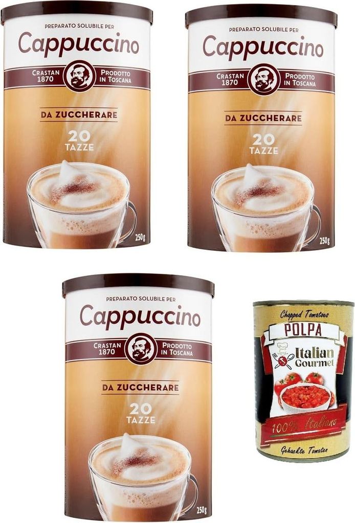 Crastan Cappuccino Classico da zuccherare Instantkaffee, Cappuccino löslicher ungesüßt 3x 250g + Italian Gourmet polpa 400g
