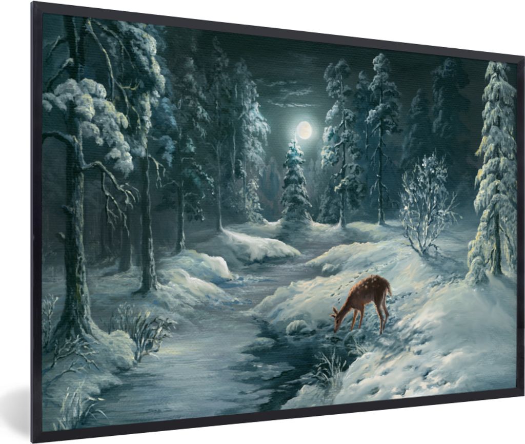 MuchoWow MuchoWow Gerahmtes Poster Winter - Malerei - Hirsche 60x40 cm - Poster mit zchwarzem Bilderrahmen - Printing - Wanddeko Schlafzimmer