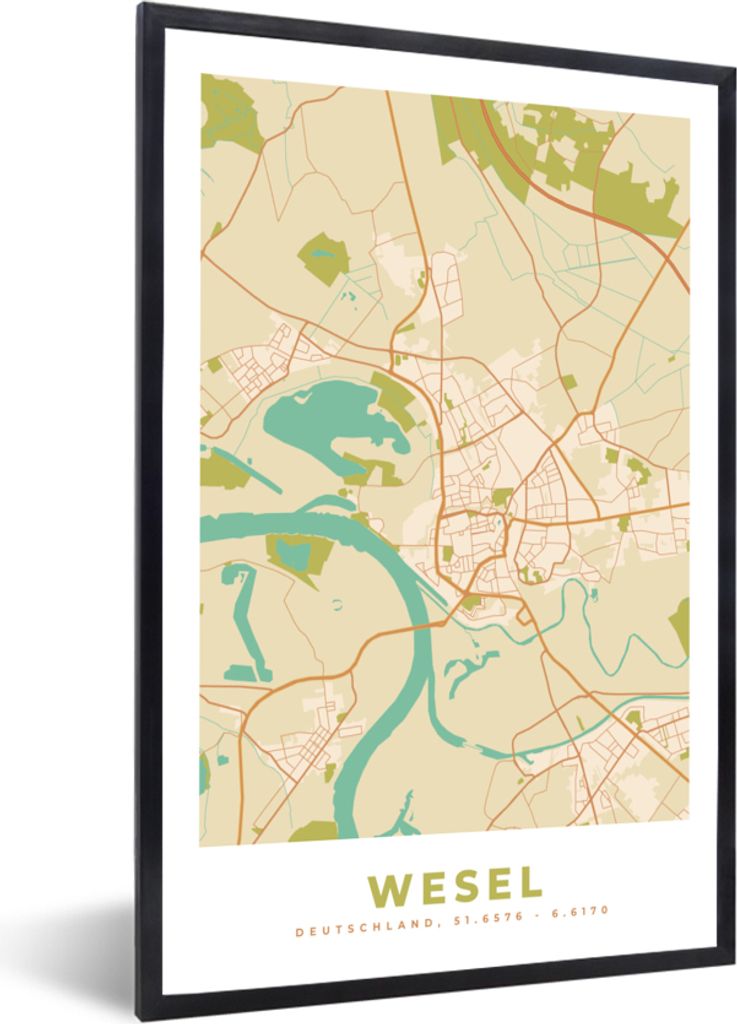 MuchoWow Gerahmtes Poster Wesel - Karte - Stadtplan - Vintage 40x60 cm - Poster mit Schwarzem Bilderrahmen Wandposter Rahmen Foto Bilder - Papier...