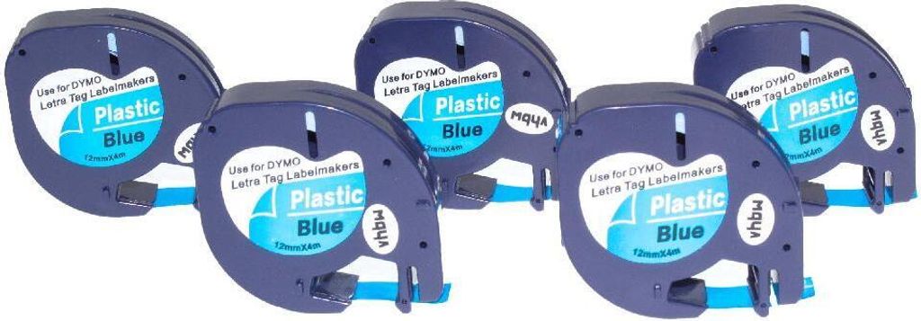 vhbw 5x Schriftband-Kassette kompatibel mit Dymo LetraTag LT-100H, 2000, LT-100T, Plus LT-100H, 200B Etiketten-Drucker 4m x 12mm Schwarz auf Blau