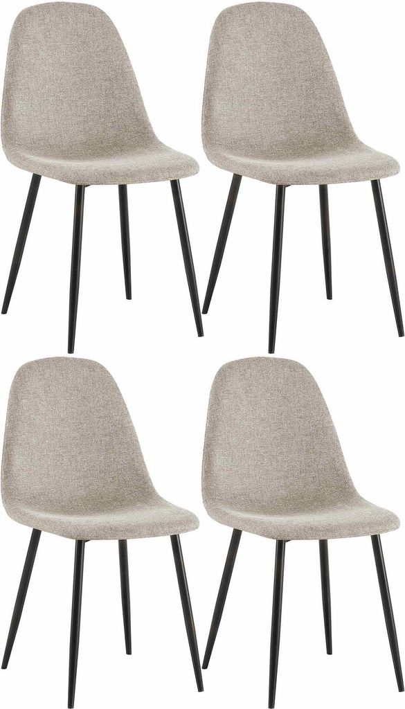 Four beige dining chairs with black legs arranged in a two-by-two grid against a white background.