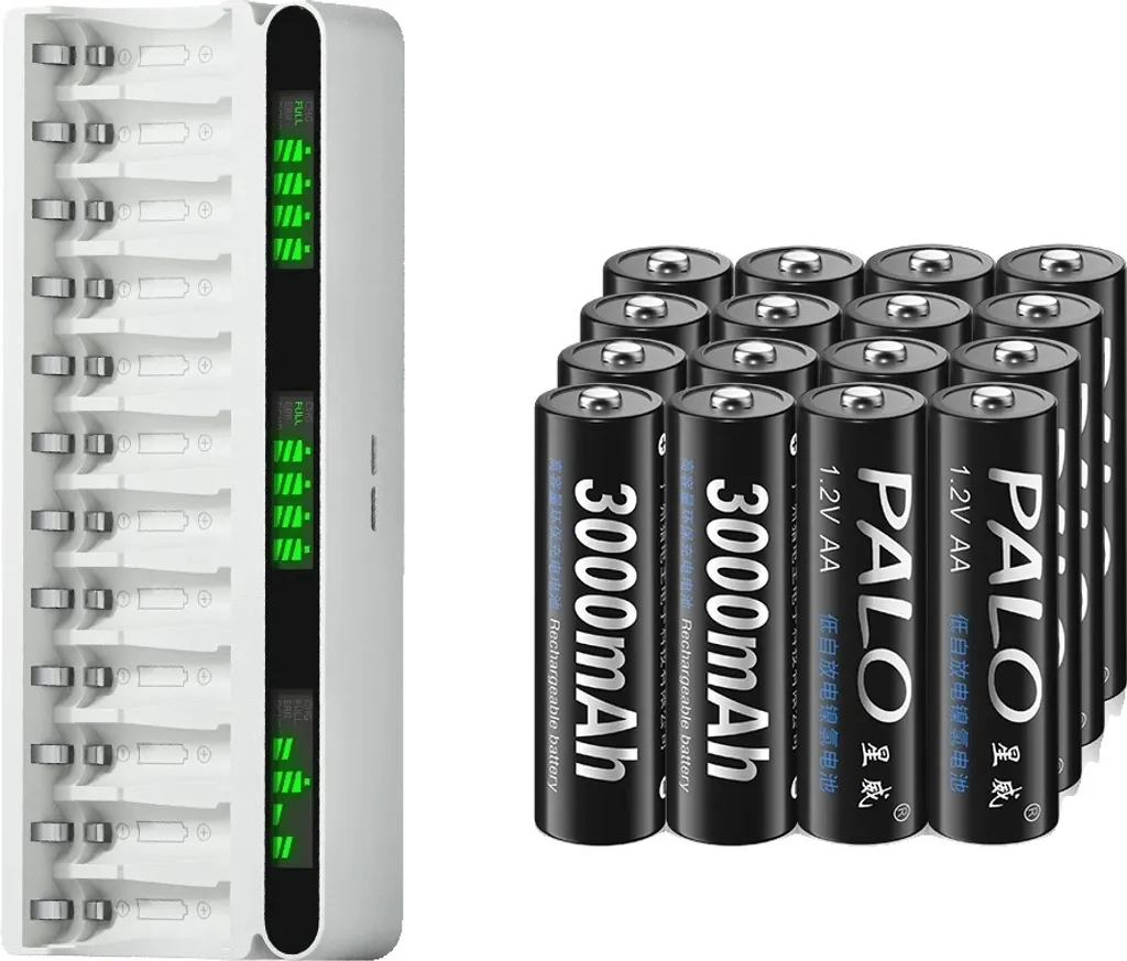 Chargeur de Piles LCD avec 16 Batteries Rechargeables AA 3000mAh