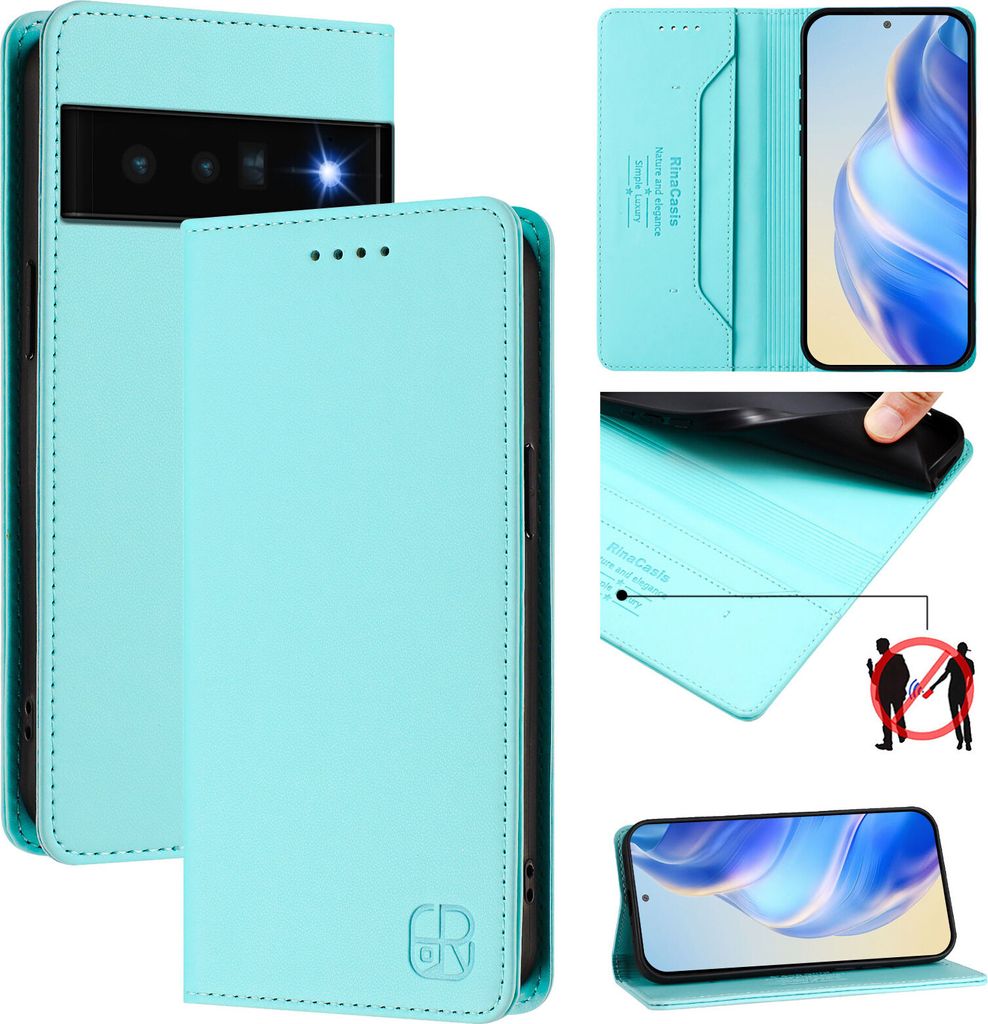 Lederhülle für Google Pixel 6 Pro Hülle Flip Brieftasche Kartenfächern Ständer Schutzhülle Türkis