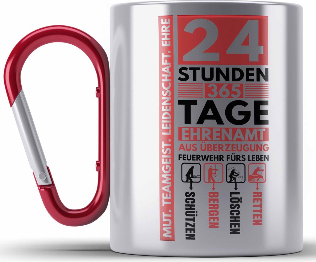 Trendation - Freiwillige Feuerwehr Edelstahl Tasse Karabiner geschenk Feuerwehrmann (Rot)