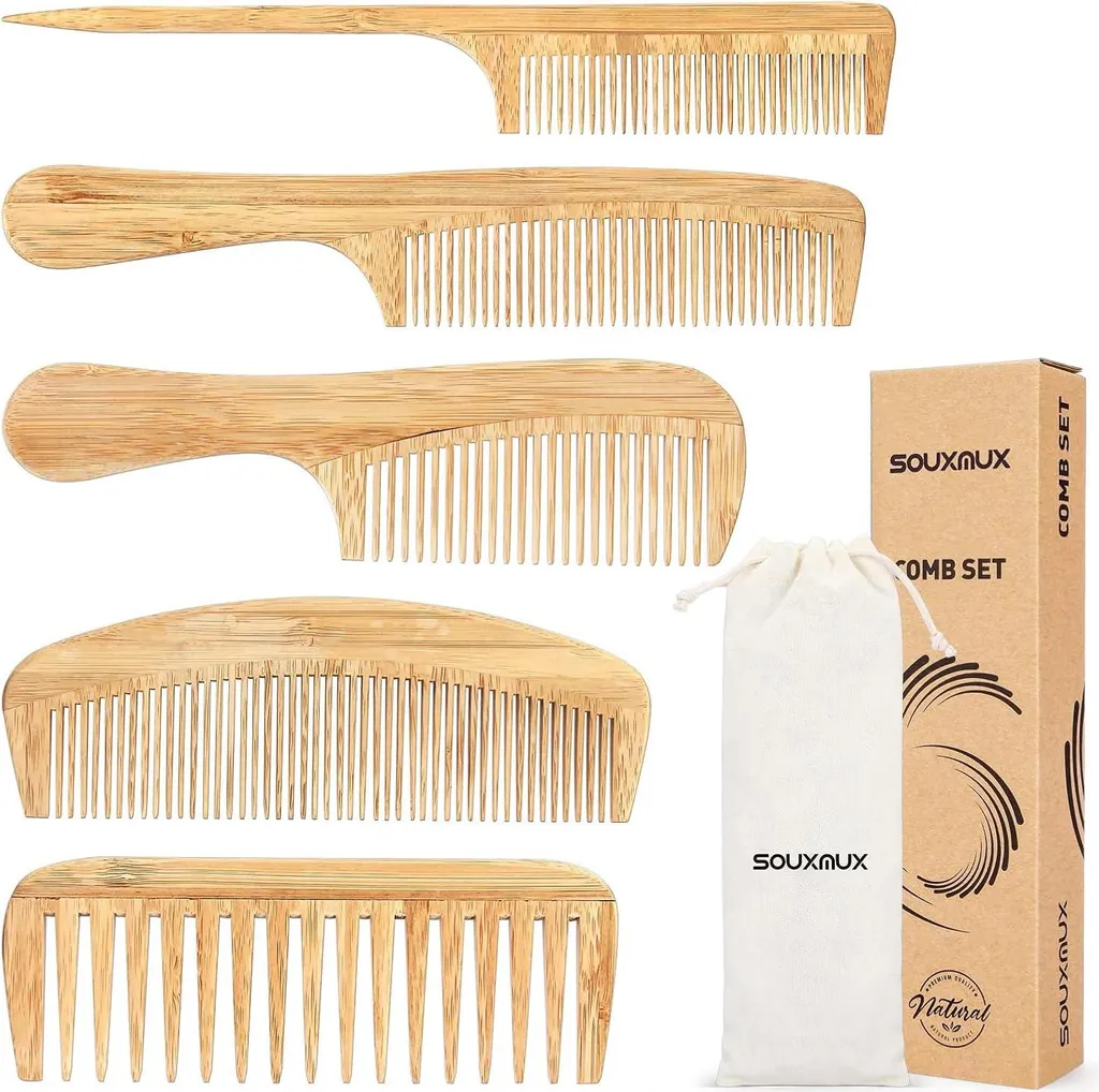 Peigne à cheveux antistatique en bambou fait main, set de 2 accessoires