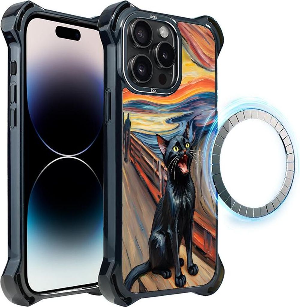 Schutzhülle für das iPhone 14 Pro Max, MagSafe-kompatibel, verstärkte Ecken, schwarz, Katze, Motiv aus einem Gemälde von Edvard Munch